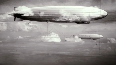 Legendary huge zeppelin airship on sky. Black-white retro stylization, old film. Stock Footage