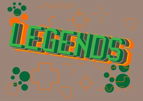Legends pixelated word with geometric graphic background. Vector cartoon illu Stock Illustration