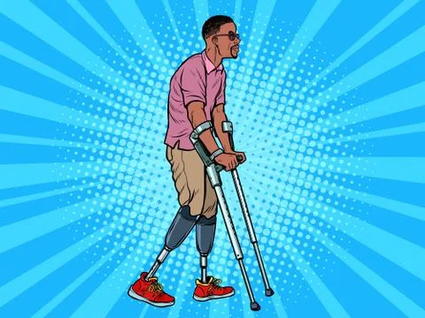 Legless african veteran with a bionic prosthesis with crutches. a disabled man Stock Illustration