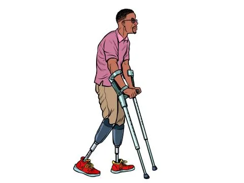 Legless african veteran with a bionic prosthesis with crutches. a disabled man Stock Illustration