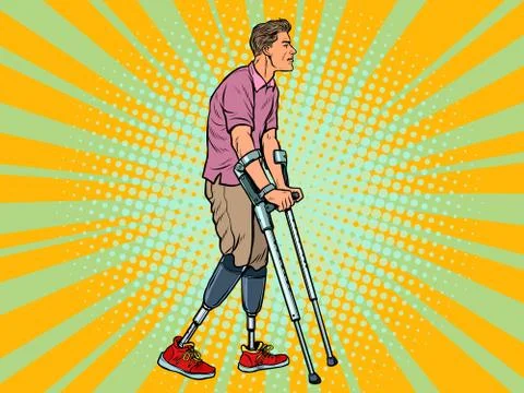 Legless veteran with a bionic prosthesis with crutches. a disabled man learns to Stock Illustration