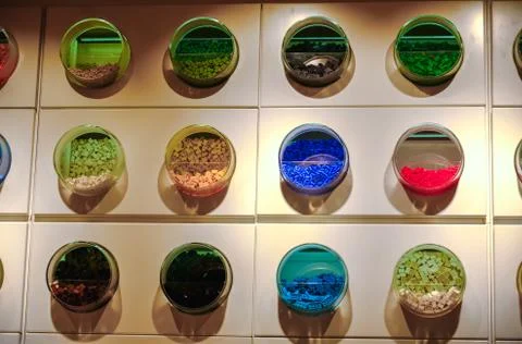 Lego bricks texture wall of  containers shelf Lego Store Stock Photos