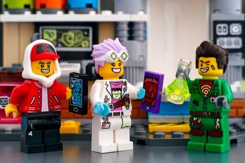 Lego Hidden Side set. Three Lego minifigures - Jack Davids, J.B. and Douglas  Stock Photos