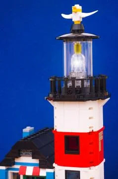 Lego Lighthouse on blue background Stock Photos