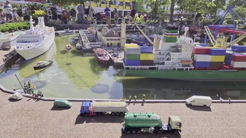 LEGO Miniland Container Ship at Cargo Port at LEGOLAND Billund, Denmark Stock Footage 335538425
