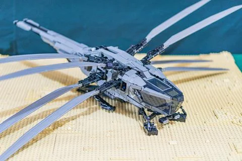 Lego model of a dragon on Lego platform, dark gray and black dragon with ligh Stock Photos