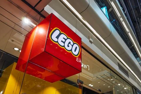 LEGO Storefront Red Cube Sign Display. London, UK, 10 February 2024 Stock Photos