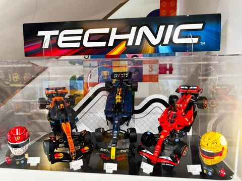 LEGO Technic Formula race car display with helmets and models in a Dublin, .. Stock Photos