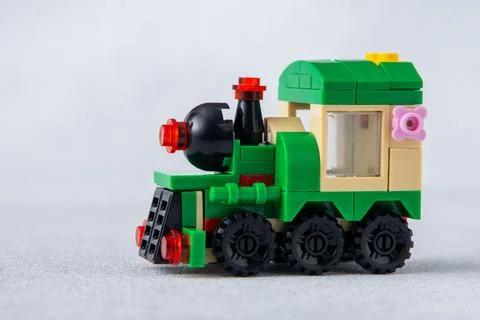 Lego train constructor from mini bricks and details. Children's craft. Game toy Stock-Fotos