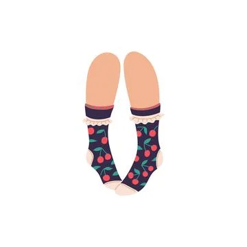 Legs in cute funny socks with cherry decor, flat vector illustration isolated. Illustrazione stock
