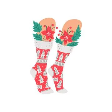 Legs dressed in socks decorated cute Christmas patterns, vector red knee socks Stockillustratie