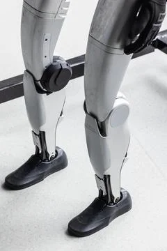 Legs of a humanoid robot prototype stand in a bright modern lab Stock Photos