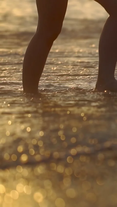 Legs walking in shallow water of beach during golden hour sunset, soft waves Stock Footage 335764144