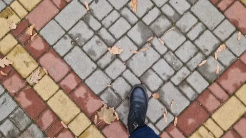 Legs walking on a tiled path covered with yellow autumn leaves Stock Footage 290033712