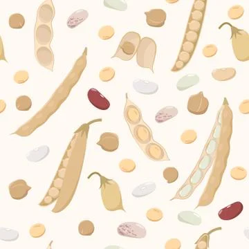 Legumes seamless pattern in flat design. Beans, chickpeas, peas, soybeans and Stock Illustration