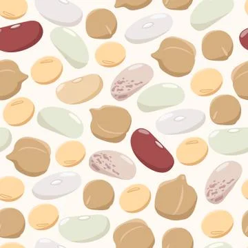 Legumes seamless pattern in flat design. Beans, chickpeas, peas, soybeans イラスト素材