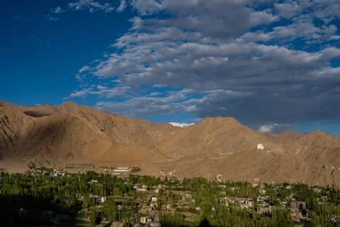Leh Town with Rock mountains with Blue Sky View from Shanti Stupa Stock Photos