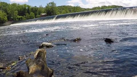 Lehigh River Chain Dam with Log in Foreground  Stock Footage 76086693