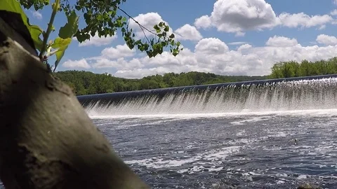 Lehigh River Chain Dam Medium Shot with Tree Stock Footage 76086680