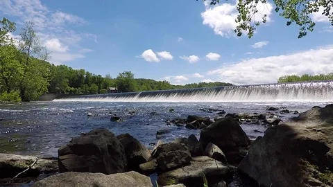 Lehigh River Chain Dam Wide Shot from Riverbank Stock Footage 76086672