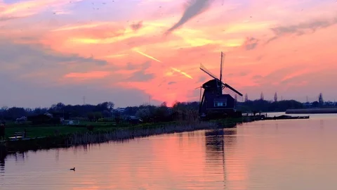 Leiden dutch Windmill at sunset Stock Footage 106287548