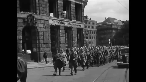 LEIPZIG - 1945 - Russian soldiers sing as they march through the streets of Video stock 284653232