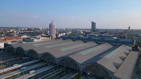 Leipzig central station with ice train arriving showing beautiful steel Stock Footage 284296025
