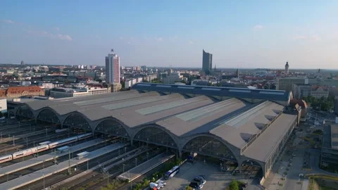 Leipzig central station with ice train arriving showing beautiful steel Video stock 284296326
