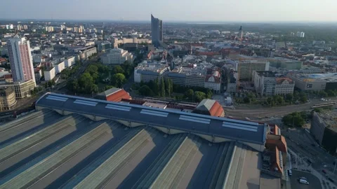 Leipzig central station with train arriving showing beautiful steel Stock Footage 284295616