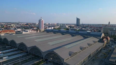 Leipzig central station with train arriving showing beautiful steel Stock Footage 284295622