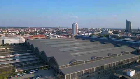 Leipzig central station with train arriving showing beautiful steel Video stock 284295629