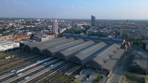 Leipzig central station with train arriving showing beautiful steel Stock Footage 284295987