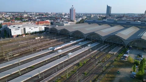 Leipzig central station with train arriving showing beautiful steel Video stock 284296229