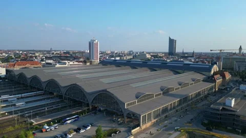 Leipzig central station with train arriving showing beautiful steel 스톡 동영상 284297210