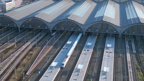 Leipzig central station with train arriving showing beautiful steel Video stock 284297639