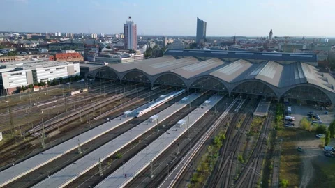 Leipzig central station with train arriving showing beautiful steel Video stock 284297735