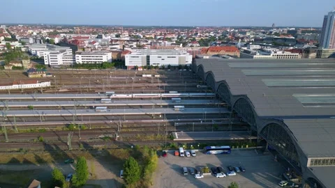 Leipzig central station with train arriving showing beautiful steel Video stock 284297897