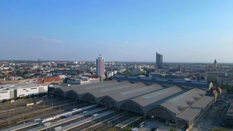 Leipzig central Terminus station, platform Breathtaking aerial view flight drone Stock Footage 283830558