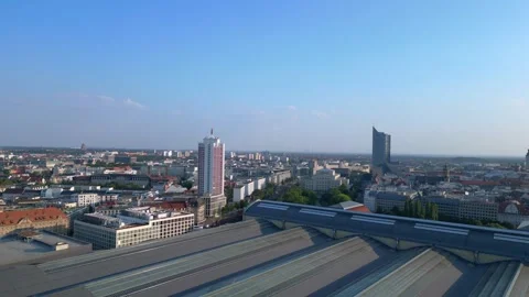 Leipzig central Terminus station, platform Unbelievable aerial view flight drone Video stock 283830580
