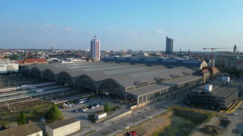 Leipzig central Terminus station, platform. Lovely aerial view flight drone Video stock 283830625