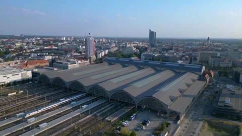 Leipzig central Terminus station, platform. Beautiful aerial view flight drone Stock Footage 283830663