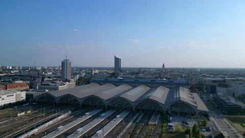 Leipzig central Terminus station, platform. Marvelous aerial view flight drone Stock Footage 283830688