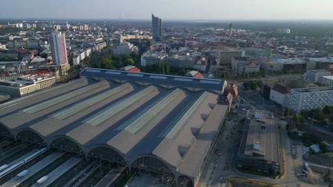 Leipzig central Terminus station, platform. Best aerial view flight drone Stock Footage 283830709