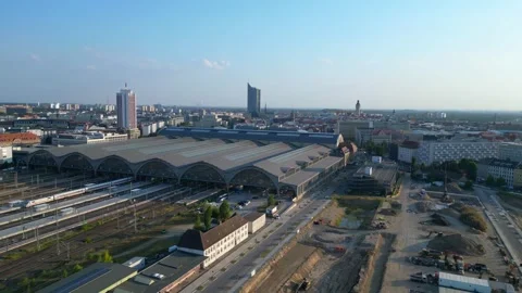 Leipzig central Terminus station, platform. Magic aerial view flight drone 스톡 동영상 283830759