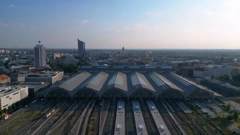 Leipzig central Terminus station, platform. Smooth aerial view flight drone Video stock 283830821