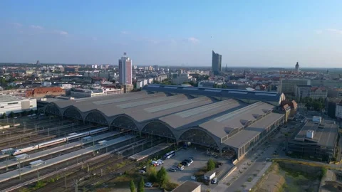 Leipzig central Terminus station, platform. Majestic aerial view flight drone Stock Footage 283830879