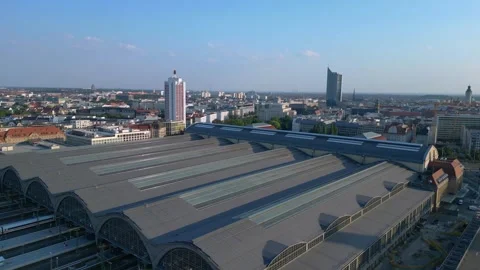 Leipzig central Terminus station, platform. Perfect aerial view flight drone 스톡 동영상 283830933
