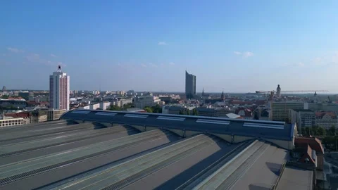 Leipzig central Terminus station, platform. Spectacular aerial view flight drone Video stock 283831188