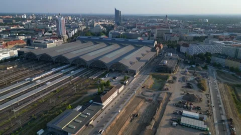Leipzig central Terminus station, platform. Nice aerial view flight drone Video stock 283831241