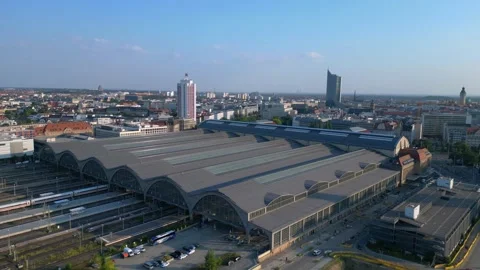 Leipzig central Terminus station, platform. Stunning aerial view flight drone 스톡 동영상 283831327